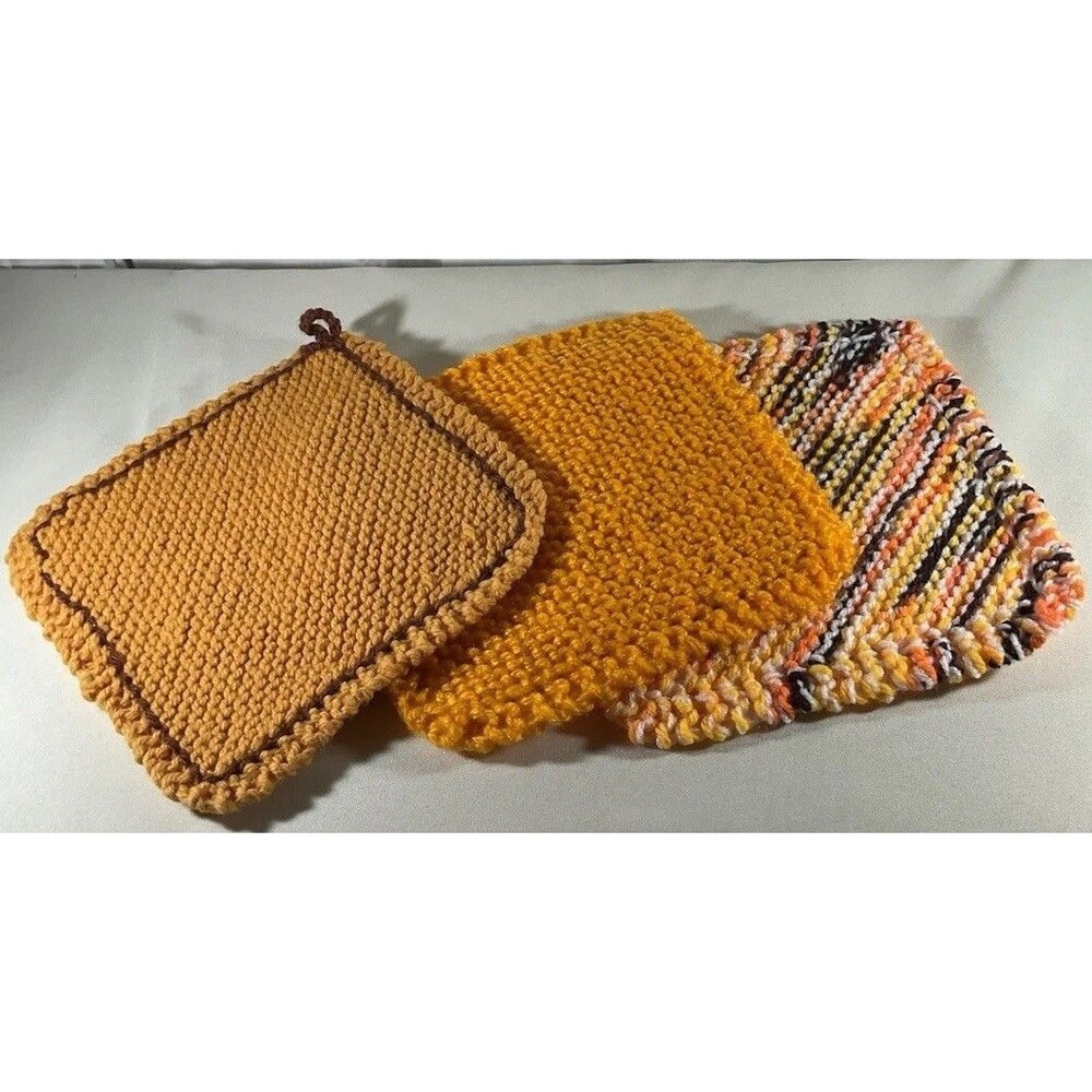 Vintage Hand Knitted Pot Holders Hot Pads Fall Colors Cotton Vintage by My Mom